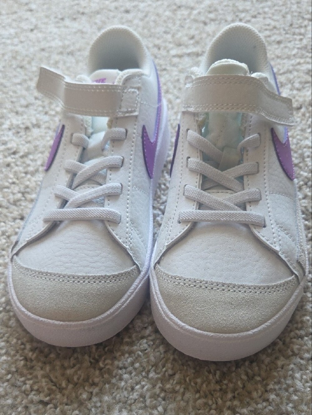 Nike Kids White Sneakers with Purple Swoosh and Strap - Picture 3 of 8